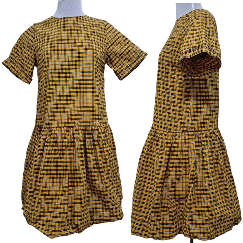 Levi's Aberdeen Tafetta Plaid Dress Buble Hem Oversized XS Mustard